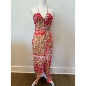 Zara Red Paisley Print Dress Halter Tie Back Cut Out Maxi Boho Blogger‎ Fave S